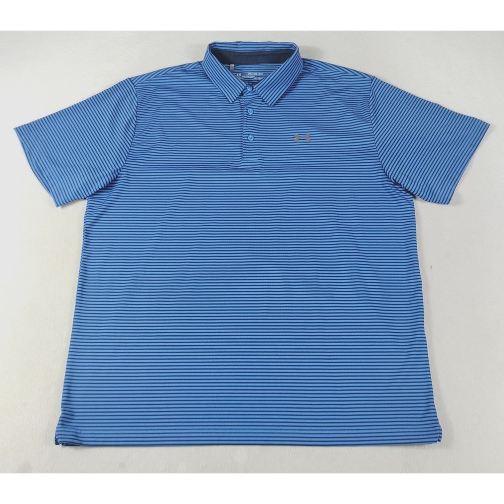 Under Armour Polo Shirt Mens 2XL Blue Stripe Loose HeatGear Golf Performance